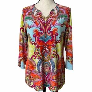 TanJay Beaded Paisley Retro Top Multicolor 3/4 Sleeve Stretch Blouse
70s style